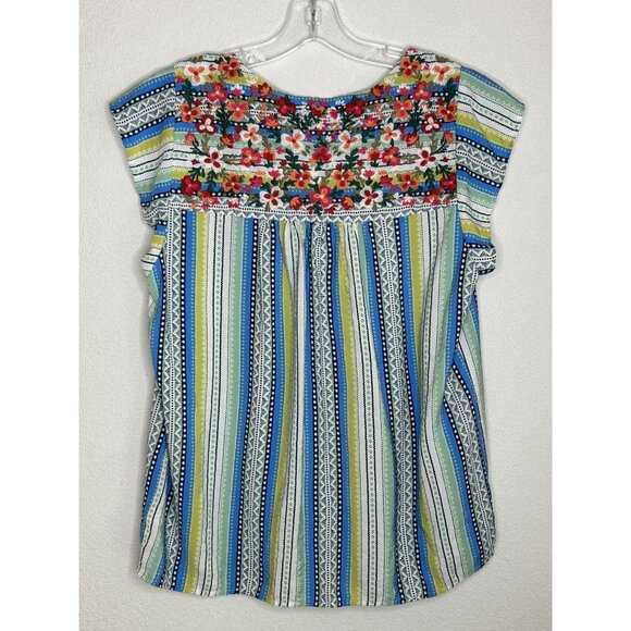 Savanna Jane Top Womens Medium Blue Green Embroidered Floral Boho Blouse Striped - Picture 2 of 8